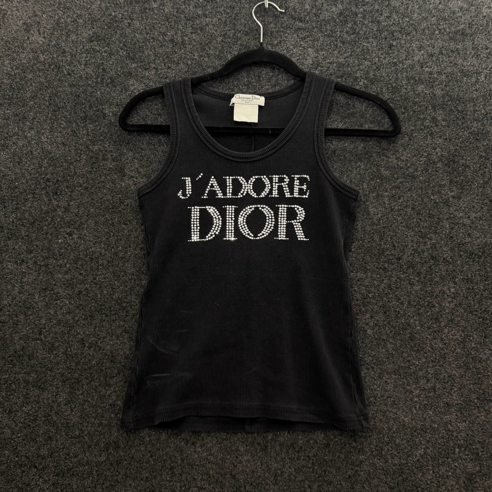Christian Dior J'Adore Dior 1947 Rhinestone Ribbed Tank Top Black Y2K Vintage - Picture 1 of 7